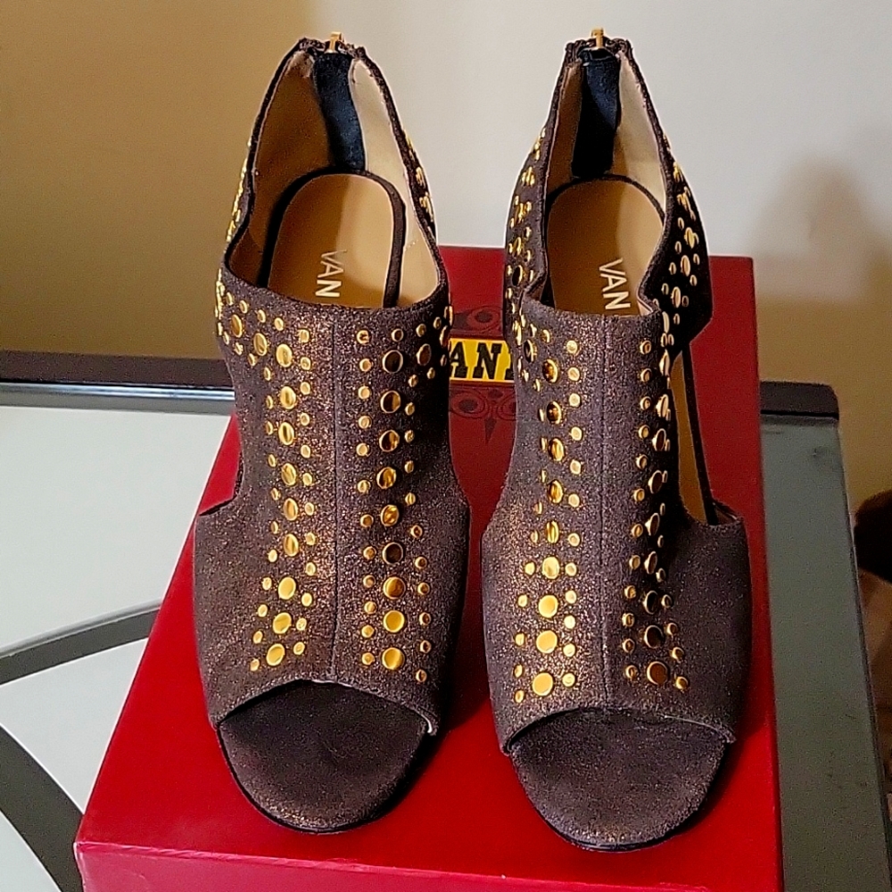Vaneli Bronze Suede, Gold Studded, Open toe, Bootie Heel 3 1/4", Size 8.5M